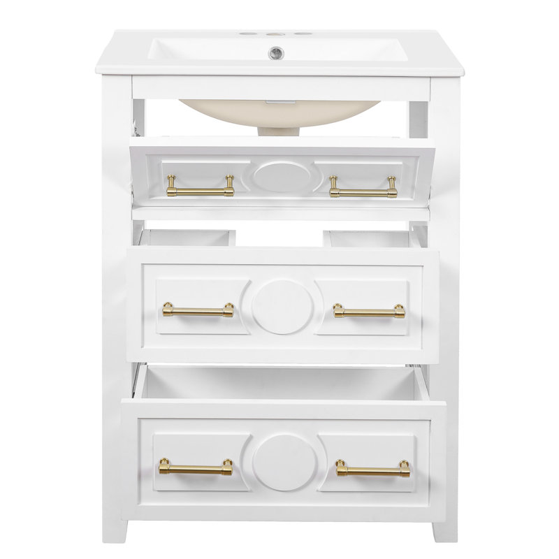 Meuble-lavabo blanc rétro 24 po avec lavabo en céramique, 3 tiroirs, structure en bois massif - Protection contre les débordements