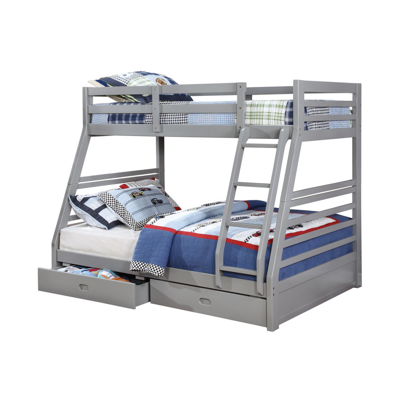 Lit superposé simple au dessus d'un lit double en bois massif avec rangement, gris, Gris
