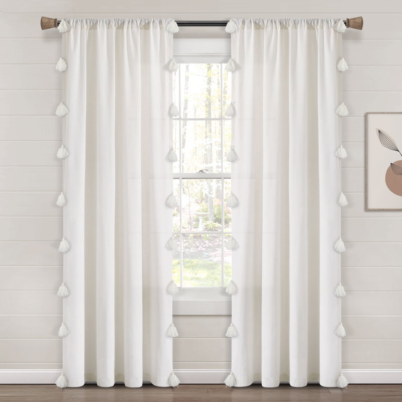 Lush Decor Boho Faux Linen Texture Tassel Semi-Sheer Single Curtain Panel, White