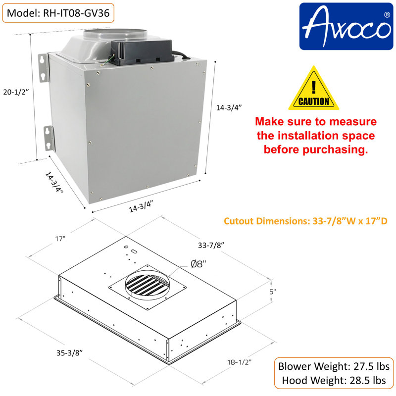 Awoco 36" 1000 CFM Ducted Flush Mount Ceiling Insert Range Hood In Stainless Steel With Voice/Gesture/Touch Control AWC-RH-IT08-GV36