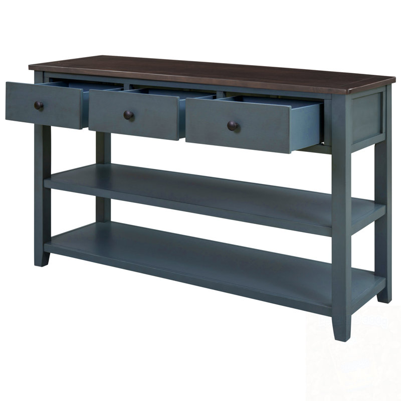Retro Design Console Table with Two Open Shelves, Navy/Brown