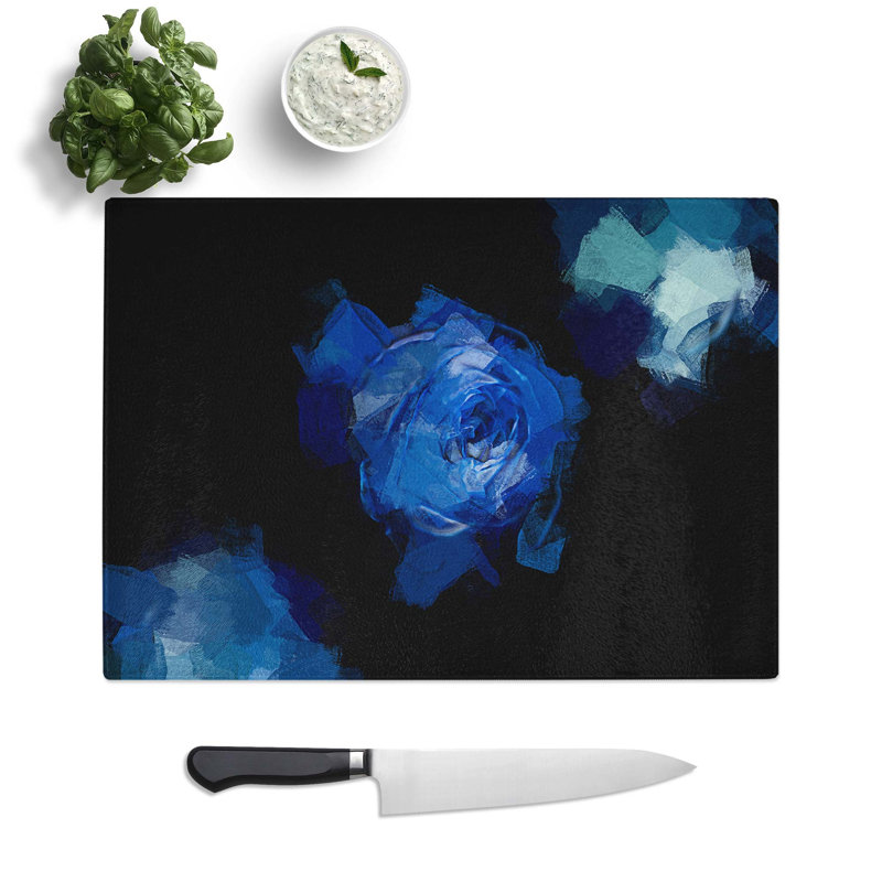 Tempered Glass Trio of Blue Roses in Abstract Chopping Board, 39 cm W x 28.5 cm L
