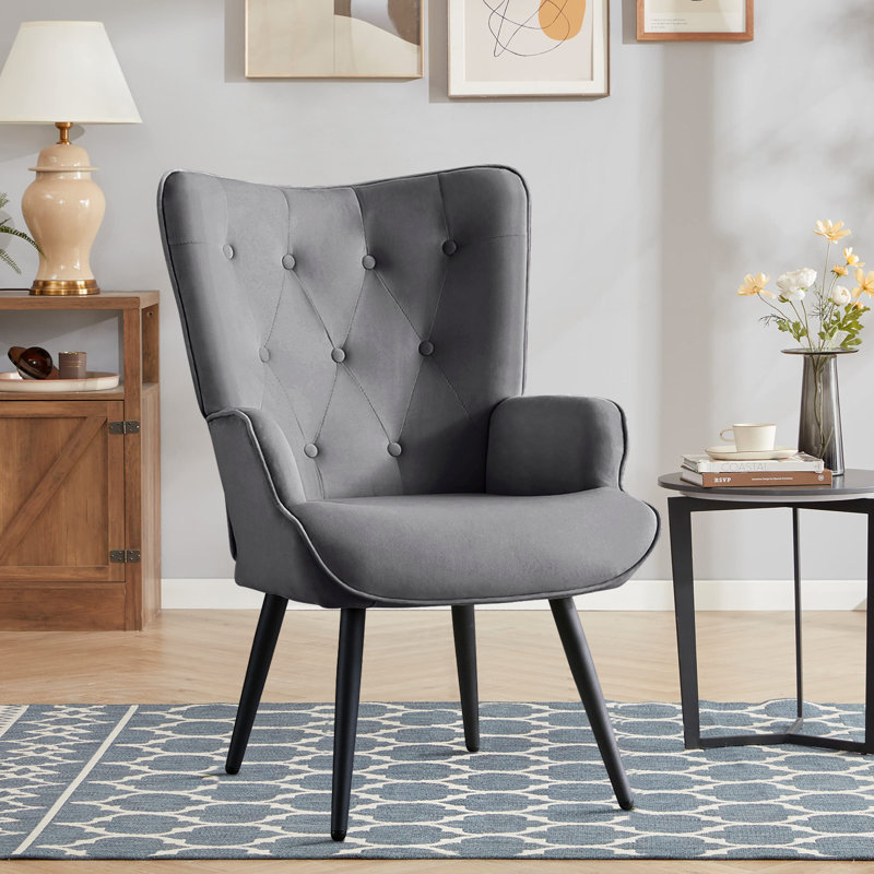Modern Upholstered Wingback Chair Velvet Tufted Armchair with Metal Legs, 	Gray Velvet