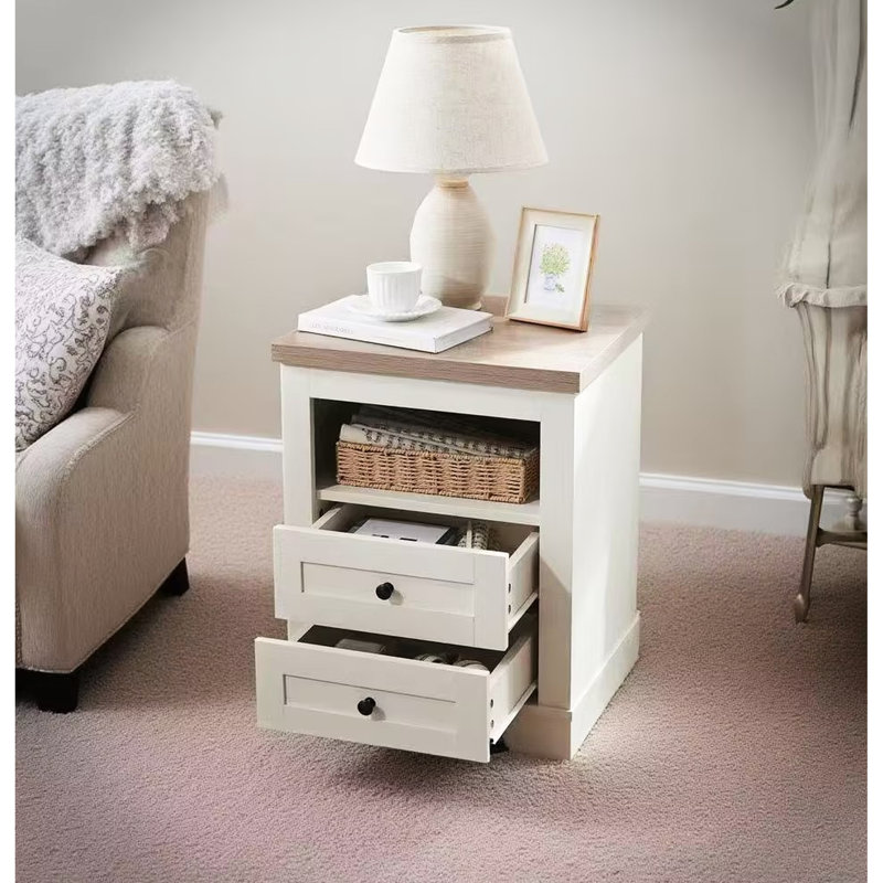 Table de chevet blanche antique avec 2 tiroirs, bois rustique pour la chambre à coucher et le salon