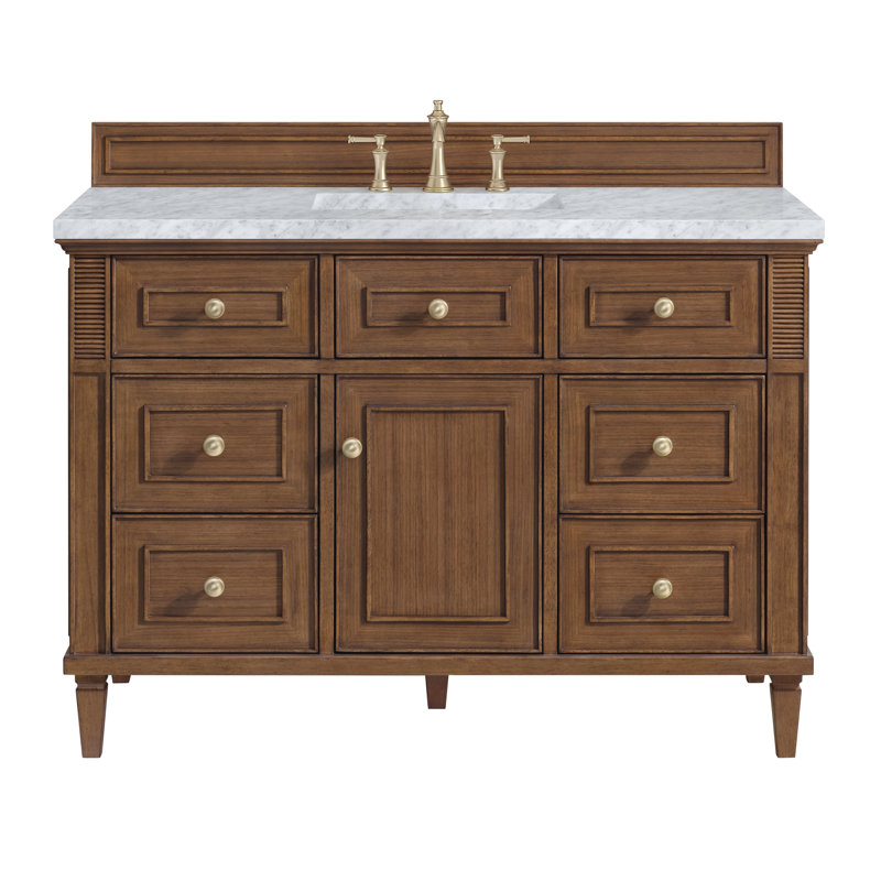 Lorelai 48'' W Single Vanity, Mid-Century Walnut, Carrara White Marble, 8" Widespread