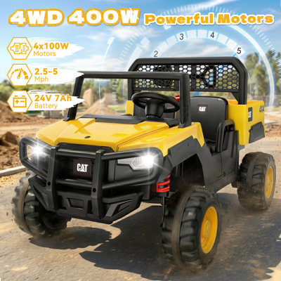 DEARAUTO Licensed Caterpillar 24V 2 Seater Ride On Dump Truck for Kids with Dump Bed and Shovel, Parent Remote Control, 4×100W Motors, Up to 5MPH, Rear Shock Absorbers, Bluetooth, LED Lights, Music, Toy for Boys Girls Ages 3-8