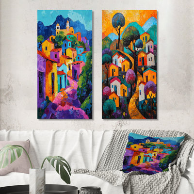 Orange Green Mountain Village In El Salvador I - El Salvador Wall Art 2 Pieces Set