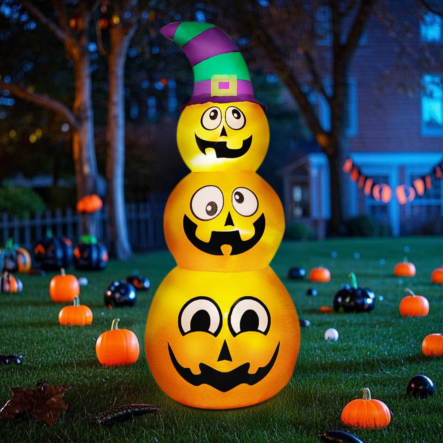 TIFONE 5 FT Halloween Inflatable Stacked Pumpkins with Witch Hat - LED ...