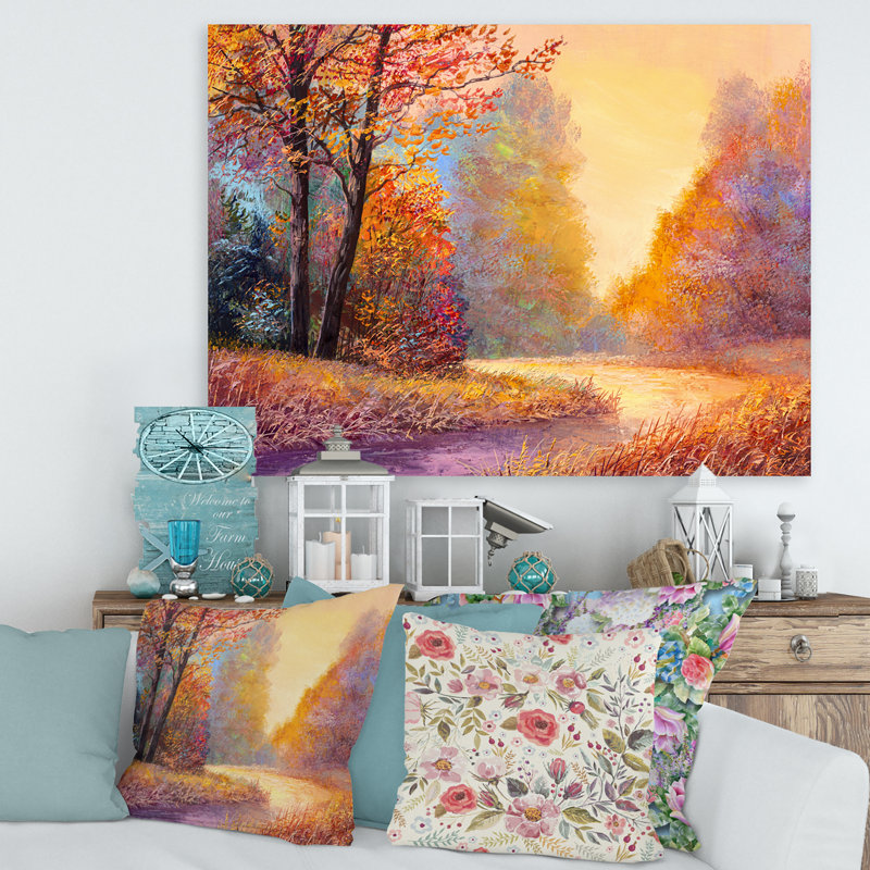 Sentier dans la forêt d'automne, paysage de feuilles orange - reproduction de maison de lac, H 12 po x l 20 po x p 1 po