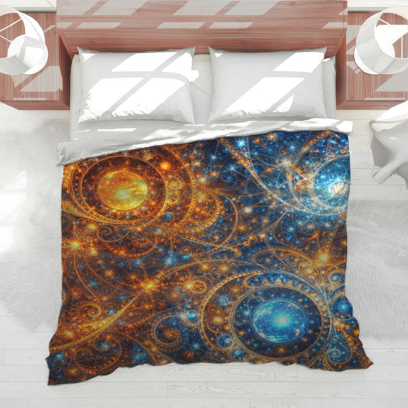 Édredon bleu et orange avec des fractales tourbillonnantes, Grand lit