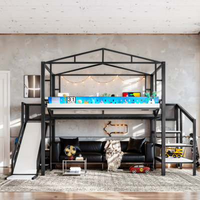 Lit mezzanine double avec escalier de rangement, tablettes et garde-robe intégrée, structure de lit mezzanine en métal avec ports USB et lumières DEL, conception à bruit réduit, noir
