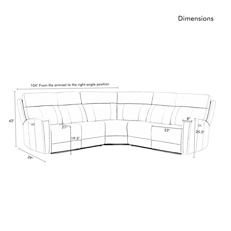 5-Piece, 3 Power recliners Leather Reclining Sectional, Power headrest, Blue Genuine Leather, Power-Push Button