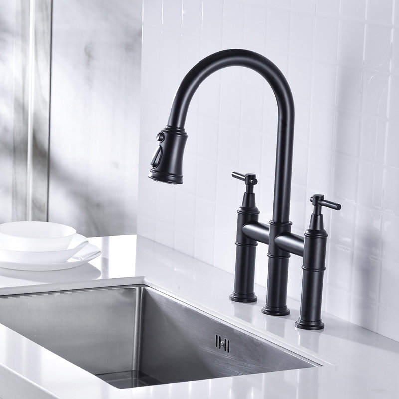 Matte Black Bridge Faucet - Dual Handle For Accurate Flow And Temperature Adjustment Sink 360-Degree Rotating Nozzle Extended Cleaning Area