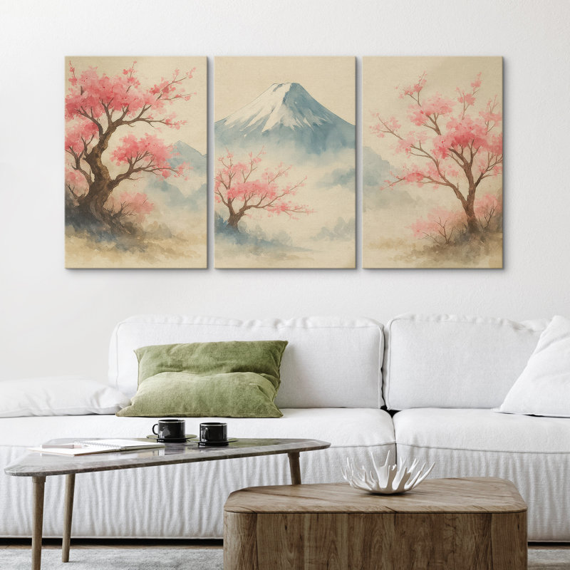 "Cherry Blossom Trees & Mount Fuji Pastel Landscape", reproduction d'art sur toile encadrée 3 pièces, Toile tendue