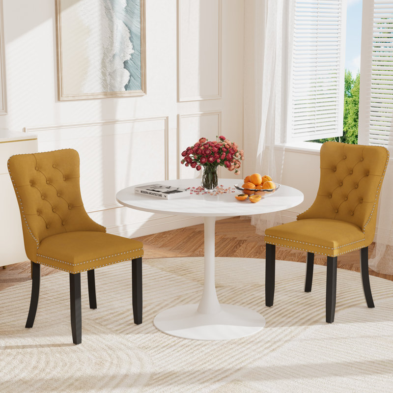 Ensemble repas rond à piédestal avec 2 chaises, Blanc / blanc, Jaune