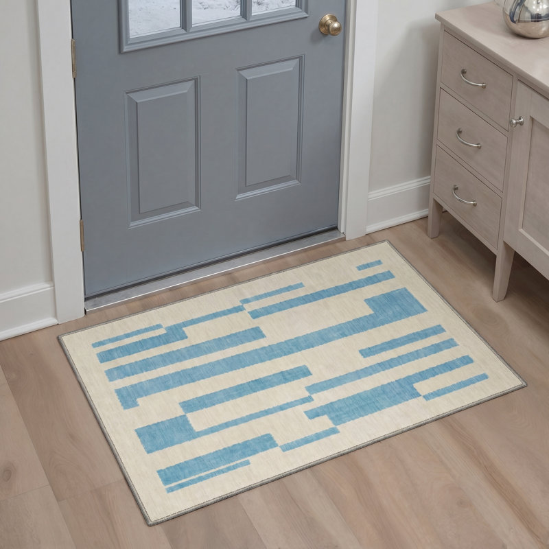 Tapis d'intérieur géométrique minimaliste bleu / beige lavable à la machine Vectra, Rectangle 108 " x 72 "