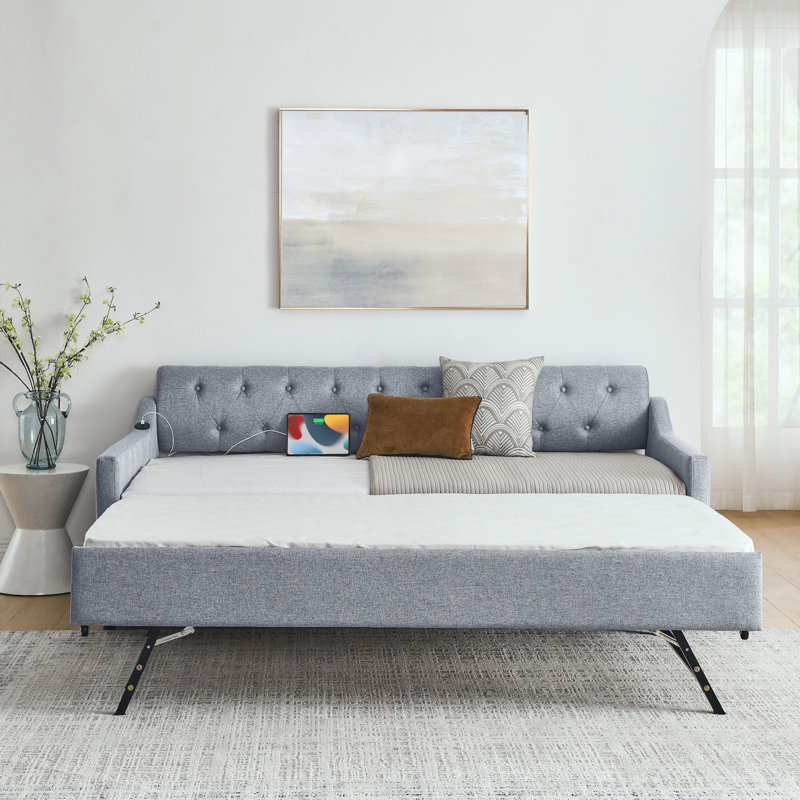 Twin Size Upholstery Daybed With Twin Size Erectable Trundle And Usb Charging Design, Day Bed, Gray