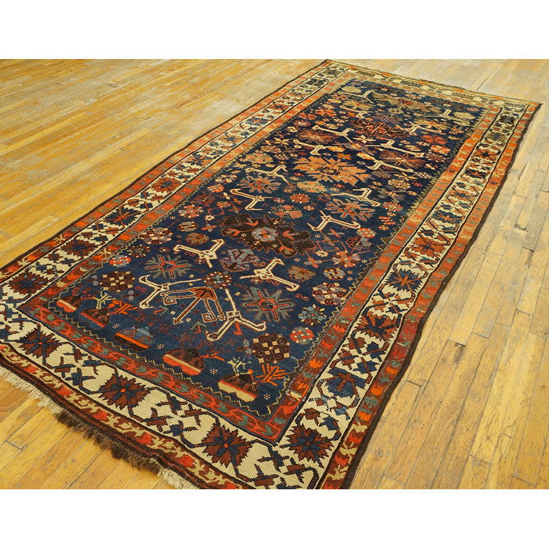 Antique Caucasian Allover Geometric Wool Hand Knotted Pile Blue 1900s Rug