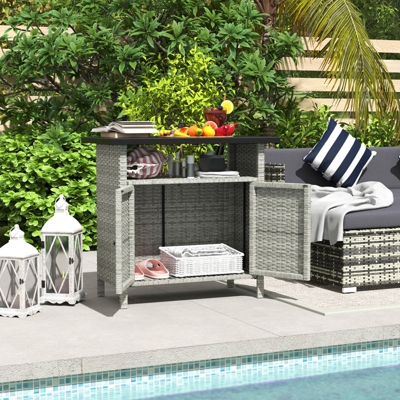 Wicker Outdoor Storage Cabinet With Two Doors And Shelf For Outdoor Pool Towel Storage, Gray, Gray