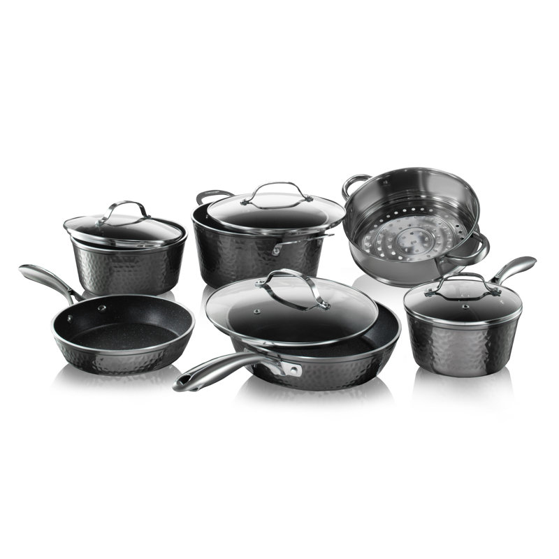 Granitestone Hammered 10 Piece Aluminum Nonstick Cookware Set with Stay Cool Handles, Black