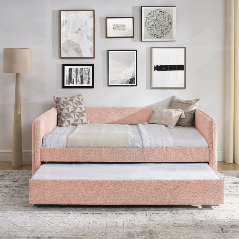 Full Size Daybed With Twin Pop-Up Trundle, Tufted Sofa Bed, Boucle Fabric, Comfortable And Stylish Seating, Full/Double, Pink
