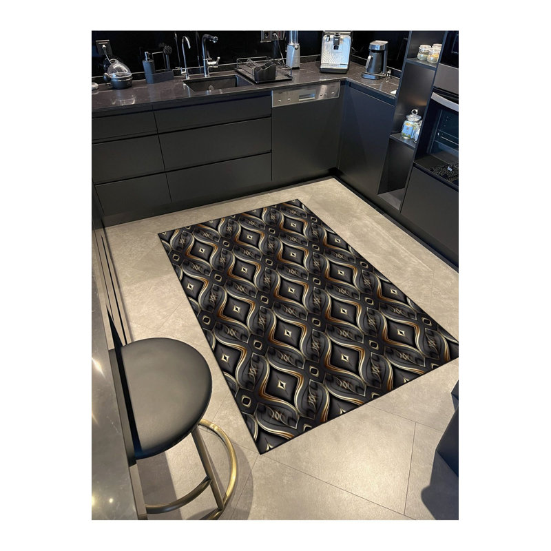 Tapis lavable noir à motif géométrique Rhombus, Tapis de couloir 3 pi 3 po x 6 pi 7 po inclus