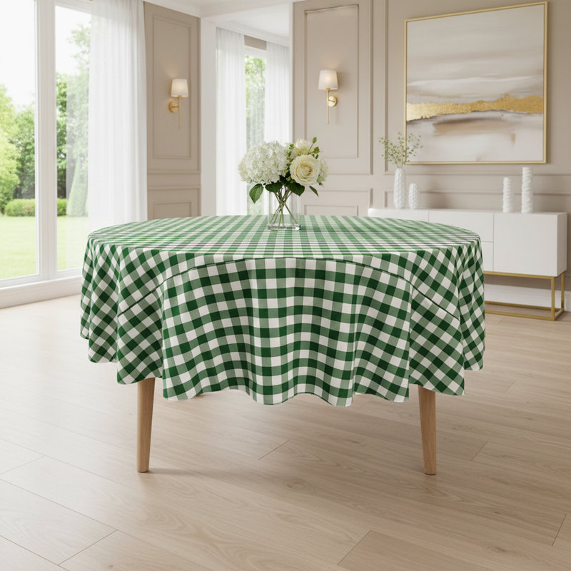 Joice Gingham Round Tablecloth, 90" Round, White and Hunter Green