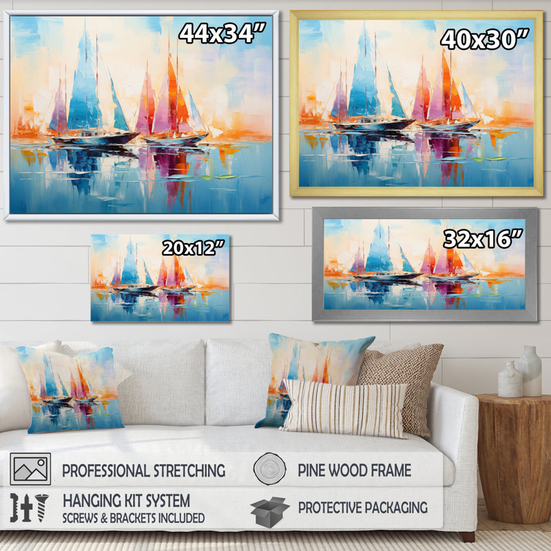 Sailboat Abstract Coastal Symphony I - Sailing Boat Canvas Wall Art, Cadre simple noir, H 24 po x l 32 po x P 1 po
