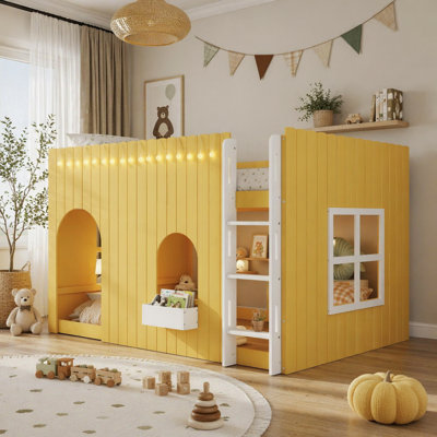 Lit mezzanine simple en bois massif avec bureau en forme de L et 4 tiroirs, lit mezzanine haut en placage de frêne avec bande lumineuse DEL avec contrôle intelligent APP, ports de chargement USB et tablettes ouvertes à 4 niveaux, noir