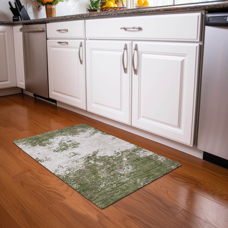 Olive and Off-White Rectangular Washable Synthetic Rug