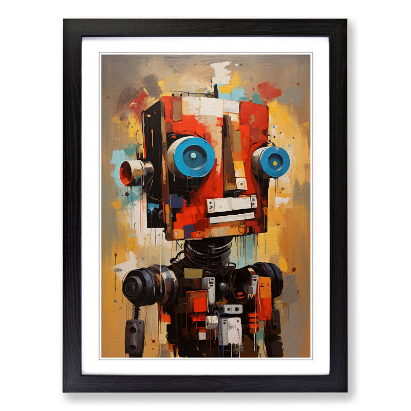 Robot Gestural - Single Picture Frame Print on Wood, 46cm H x 34cm W x 2cm D, Black
