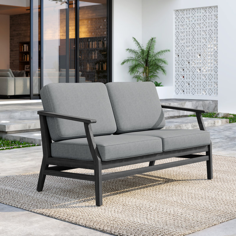 Clinkscales Solid Wood Teak Outdoor Loveseat With Cushion And Arms, Gray, Black