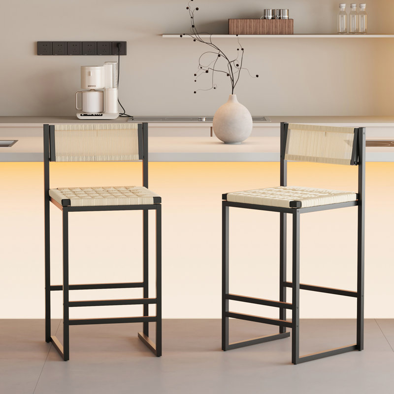 2Pcs Bar Stools With Paper Rope Weave, Metal Base, Modern Style, Suitable For All Occasions, Up To 220Lbs Capacity, 15.44"W X 33.88''H Anywhere,
