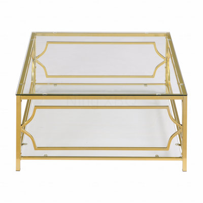 33.5" Square Glass Coffee Table Luxurious Geometric Metal Frame Gold & Lower Shelf