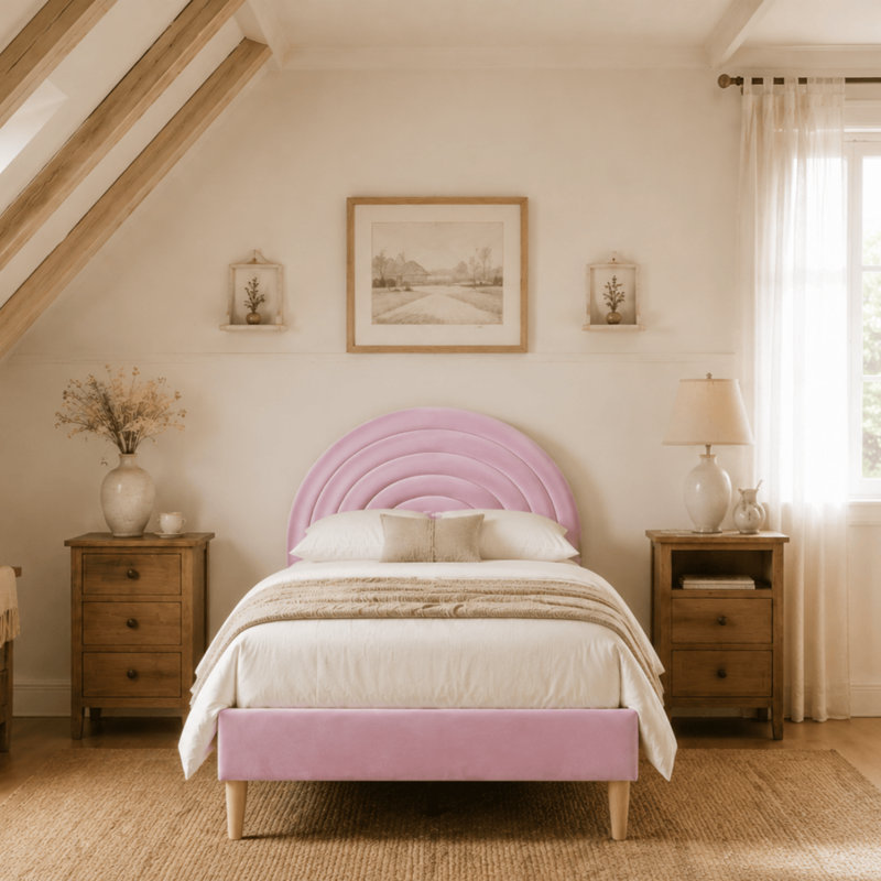 Halis Upholstered Scalloped Bed, Pink Velvet, Twin
