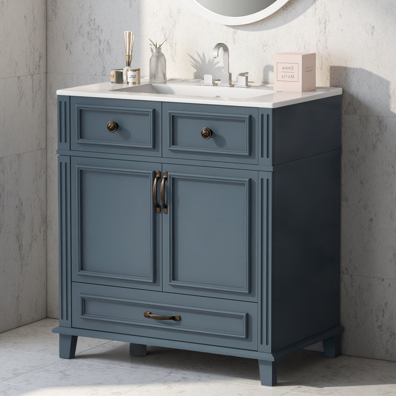 Meuble-lavabo de 30 po avec lavabo en céramique, armoire de rangement en bois massif avec portes à fermeture douce, style rétro