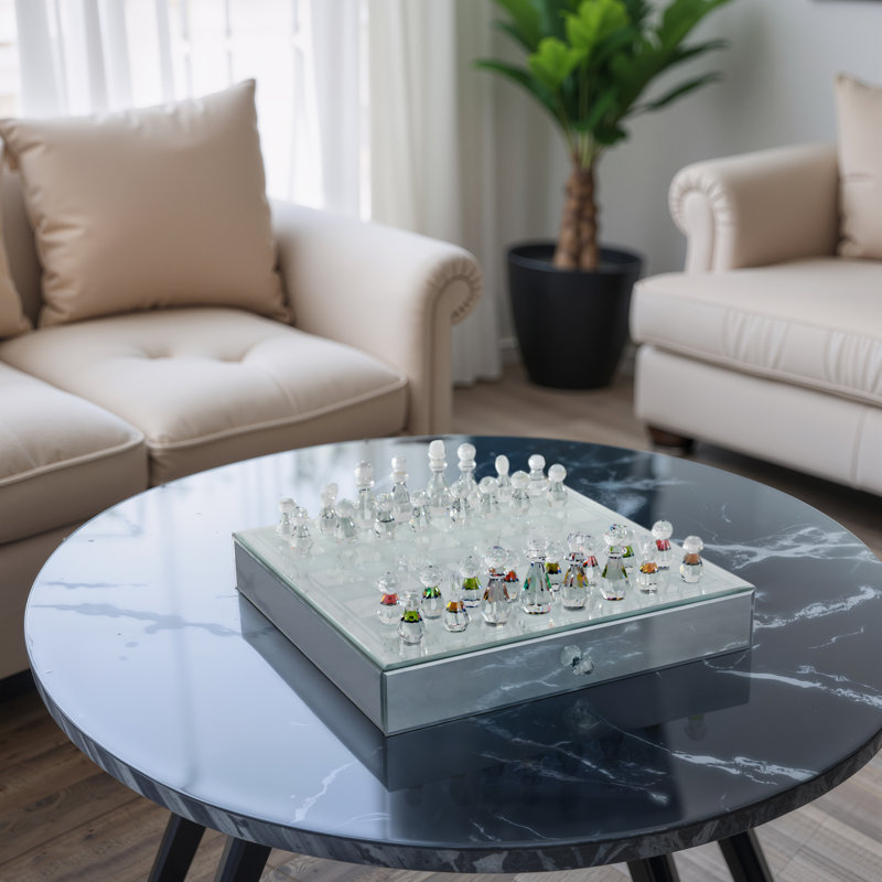 Jeu d'échecs en verre et bois 14 po avec tiroir de rangement Danajia
