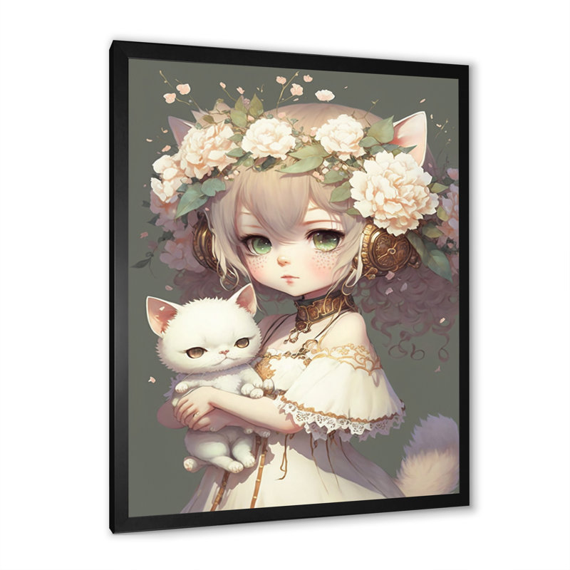 Edmundas, fille d'anime avec un chat blanc sur toile, H 20 po x l 12 po x P 1 po, Cadre photo noir