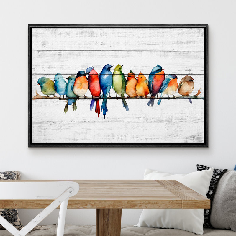 " Watercolor Row Of Birds On A Wire Canvas Print Colorful And Whimsical Bird ", 24" H x 36" W, Black