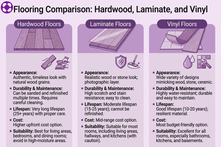 flooring comparison chart with hardwood, laminate, and vinyl flooring, including considerations such as appearance, durability, maintenance, lifespan, cost, and suitability