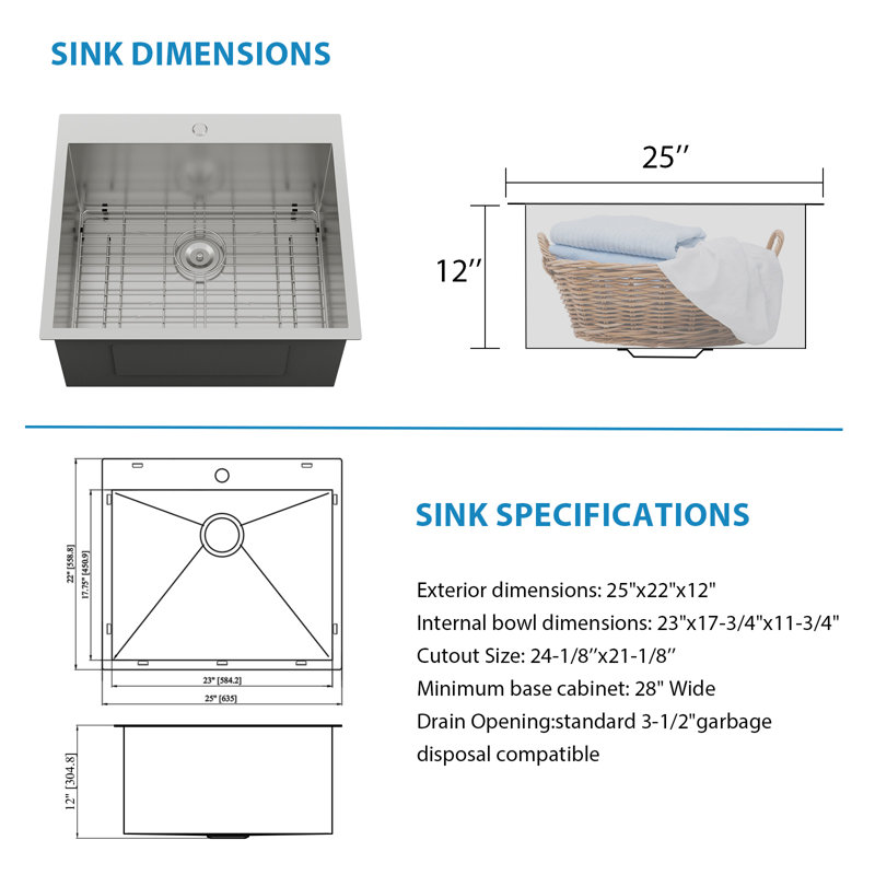25x22 Inch Drop-In 16 Gauge Laundry Utility Sink Dimension Chart