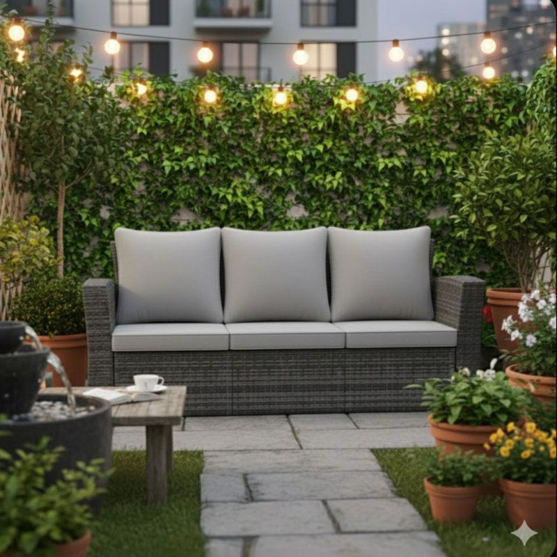 Canapé de patio 67,7 po en osier 3 places avec coussins gris épais et structure noire, Grey