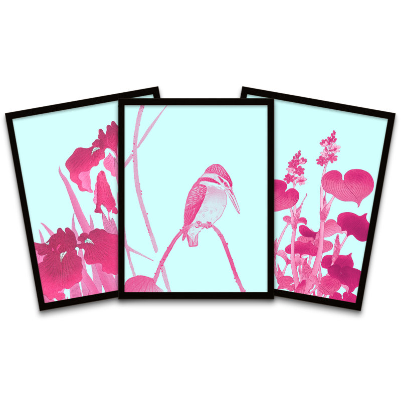 Ohara Koson Pink Kingfisher Lotus Flower - 3 Piece Print Set