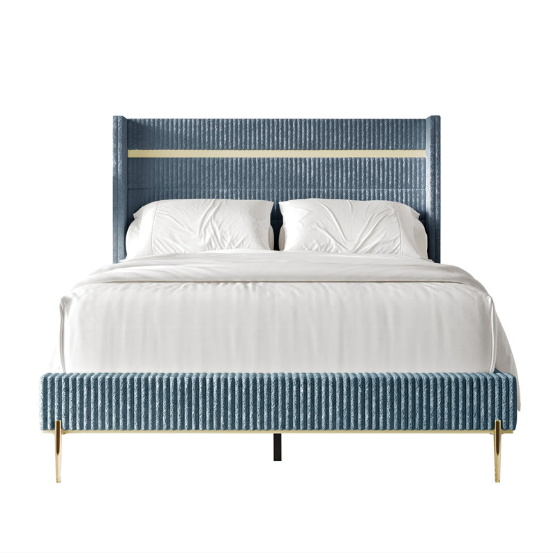Lit tapissier standard à profil bas Anaika Corduroy, Bleu clair, Simple