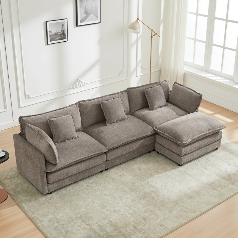 Shamill Chenille Cloud Sofa Couch with Ottoman – Plush 2-Layer Cushions , Light Gray Chenille