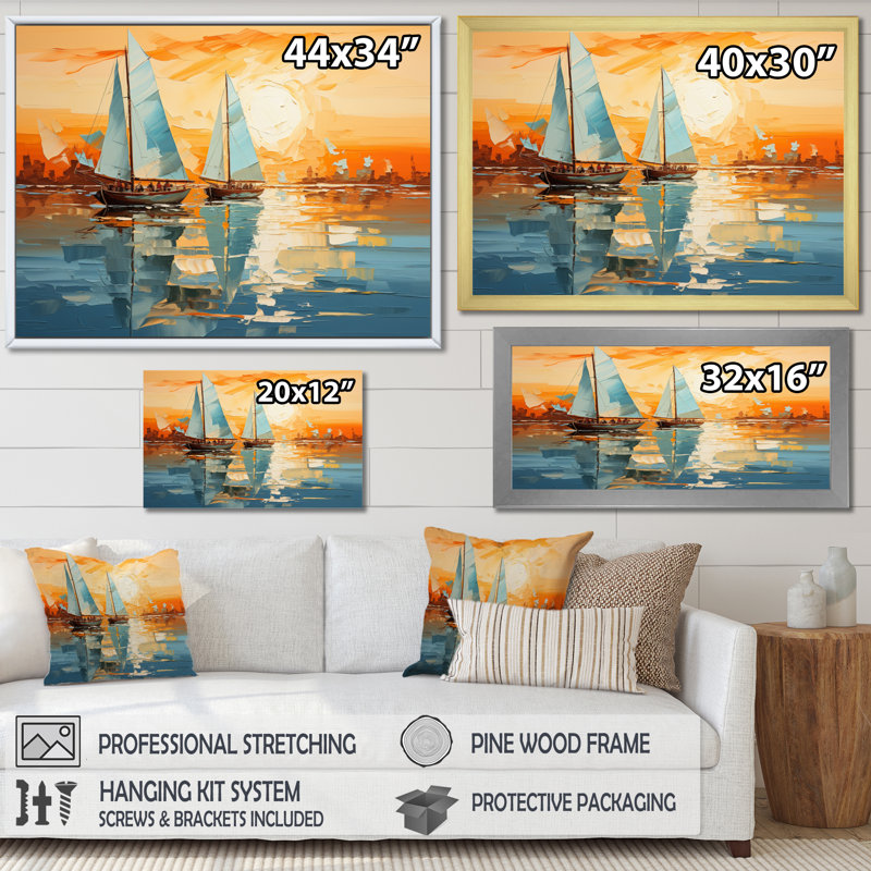 Voilier abstrait flottille II sur toile, Cadre flottant doré, 30" H x 40" W