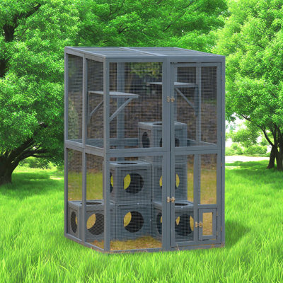 Grande cage extérieure pour chat avec 7 boîtes en bois amovibles et 2 longues plateformes