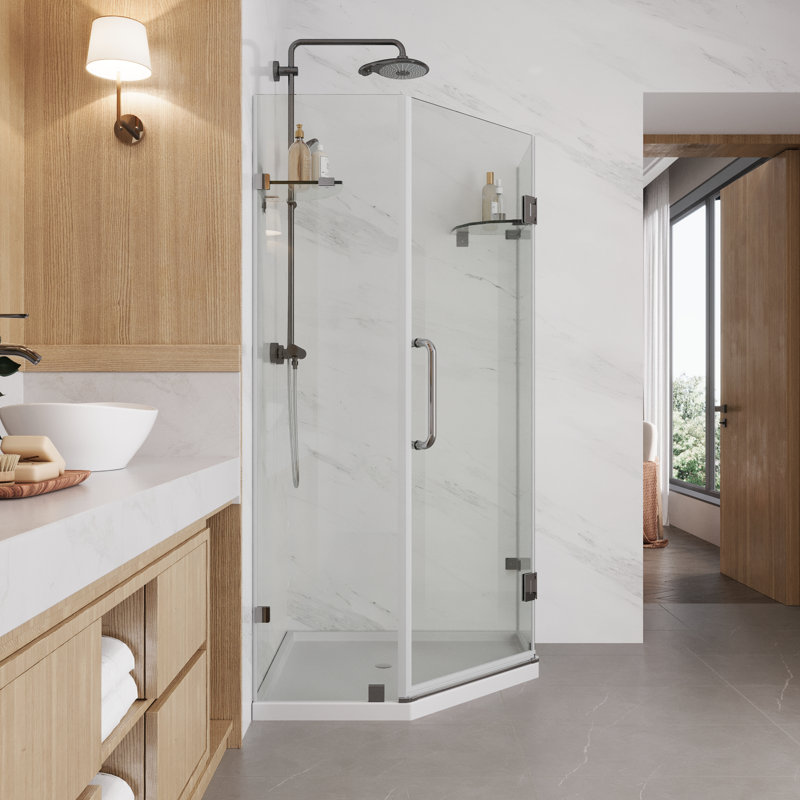 34'' W X 34'' D X 73'' H Frameless Neo-Angle Reversible Shower Enclosure with Built-in Glass Shelves