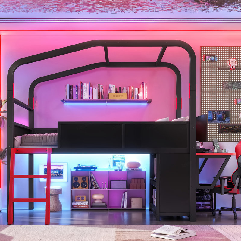 Lit mezzanine simple simple avec bureau latéral et ports USB, lit mezzanine en métal de style jeu avec lumières à DEL, armoires de rangement et auvent chic