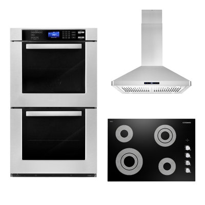 Cosmo 3 Piece Kitchen Appliance Package with 30'' Electric Cooktop Island Range Hood